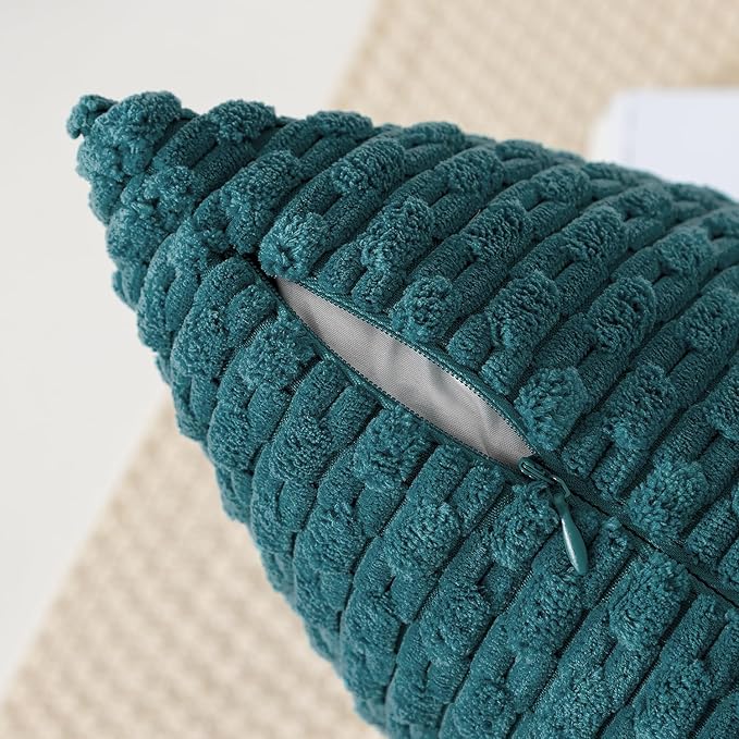 Kevin Textile Throw Pillow Covers Soft Corduroy Decorative Set of 2 Boho Striped Pillow Covers Pillowcases Farmhouse Home Decor for Couch Bed Sofa Living Room 26x26 Inch Teal Blue