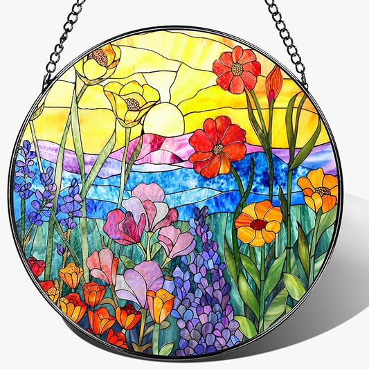 8-Inch Stained Glass Ornament, Stained Glass Window Hanging, Window Hanging Decor, Suncatcher Home Decor, Wildflowers Ornament | Mother's Day, Birthday, Christmas, Housewarming Gifts