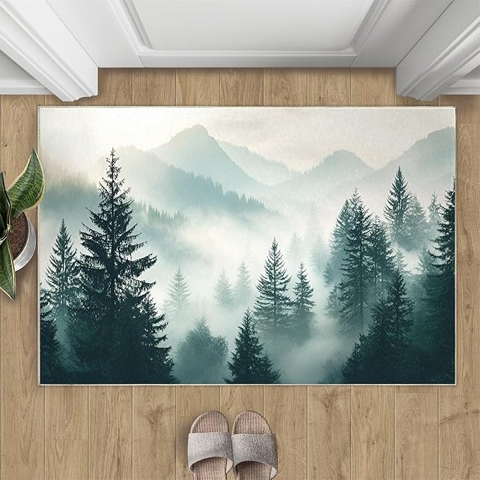 Misty Forest 5x6 Area Rug Natural Landscape Washable Rugs for Living Room Bedroom, Green Woods Soft Low Pile Non Slip Accent Floor Mat Print Throw Rug Indoor Carpet Dining Room Playroom