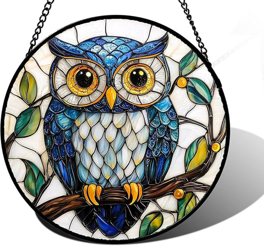 DASTOLL Stained Glass Window Hanging, Owl Gifts for Women Sun Catchers Diamond Glass Panel Hangings Birds Suncatcher Decor for Birthday for Women, Men, Wife, Aunt, and Mom 9.8 in