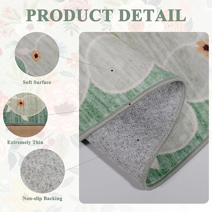 DUKINO 2.6x8 Kitchen Runner Rug for Hallway, Washable Runner Rug with Non Slip Backing, Low Pile Soft Boho Floral Carpet for Hallway, Kitchen, Entryway, Laundry, Bedroom, Green