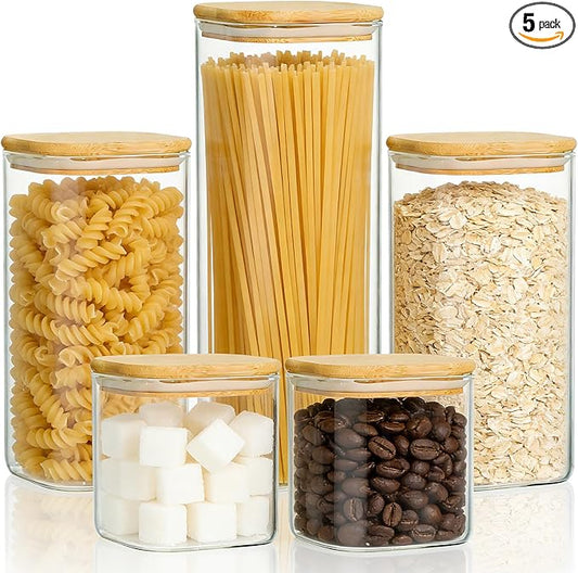 KEYWING Glass Food Storage Containers with Lids Set of 5, Multi Size Square Glass Canister Food Jar, Kitchen Pantry Storage Container for Spaghetti, Pasta, Flour, Sugar, Cereal, Coffee Beans, Spices