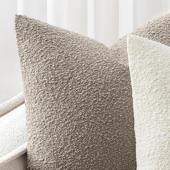 Woaboy Pack of 2 18x18 Inch Decorative Boucle Throw Pillow Covers Textured Square Pillowcaes Accent Solid Cozy Soft Cushion Covers Home Decor for Sofa Couch Living Room Home Decor,Light Taupe