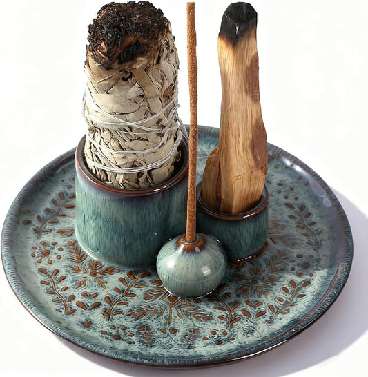 5 in 1 Incense Holder Burner, 5.9" Ceramic Holder for Burning Palo Santo Sage Candle and Incense Sticks Cones, Ash Catcher Tray for Meditation Room Home Décor (Bluegrey)