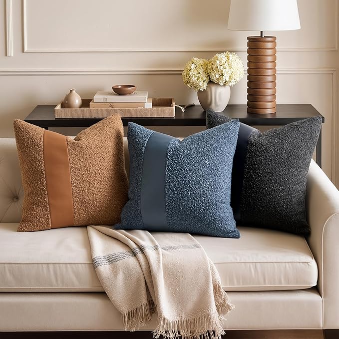 MIULEE Boucle Throw Pillow Covers 18x18 Inch Set of 2 Black Faux Leather Textured Decorative Pillow Cases Boho Farmhouse Accents Cushion Covers for Couch Bed Livingroom Home Decor