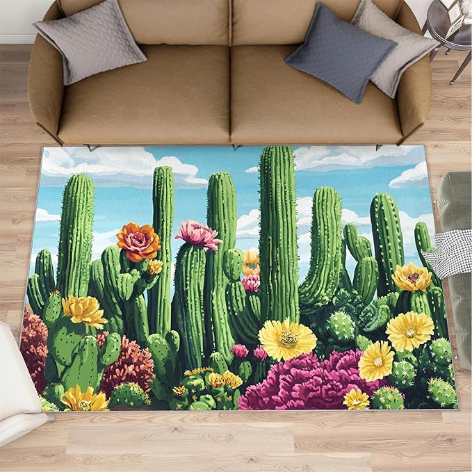 Cactus Living Room Rugs, Desert Oasis Area Rugs 5x8 Rug Succulents Non-Slip Washable Rugs Stain Resistant Rug Low-Pile Throw Rug for Bedroom Dining Room Office