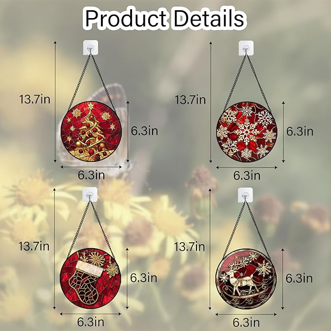 DASTOLL Stained Glass Window Hanging 4 Pcs Set Red Christmas Elk Snowflakes 6.3" - Deer Suncatcher Door Garden Sun Catcher Decor Birthday for Mom Woman Nana Men Friend
