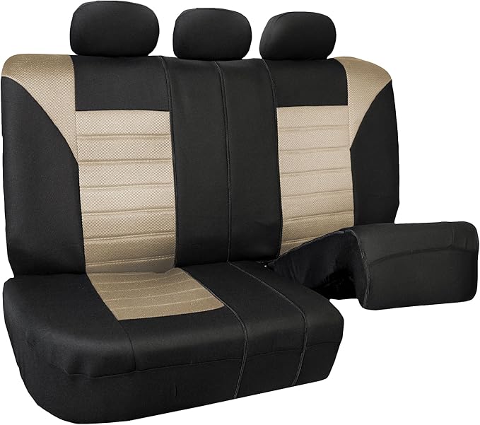 FH Group Automotive Car Seat Covers Rear Set Premium 3D Air Mesh Seat Covers, Airbag Compatible and Split Bench Cover Universal Fit Interior Accessories for Cars Trucks and SUVs - Beige