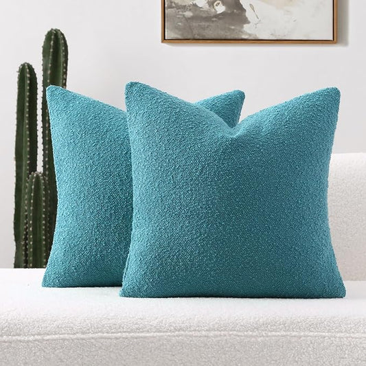 FUTEI Pack of 2 Teal Blue Decorative Throw Pillow Covers 18x18 Inch Soft Cozy Solid Boucle Textured Cushion Case,Modern Home Decor for Couch Bed Living Room