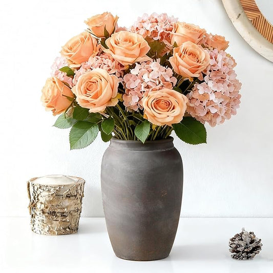 Terracotta Rustic Vase, Farmhouse Decorative Vase Boho Decor, Ceramic Christmas Vases for Home Decor, Table, Living Room, Shelf Decoration, 8.2 Inch