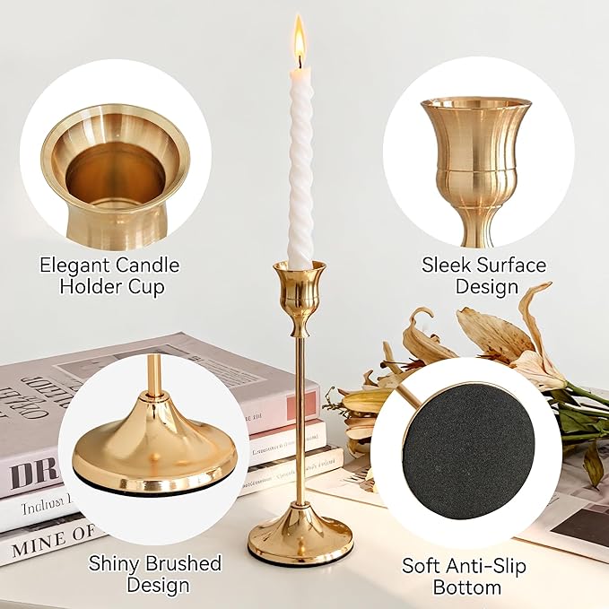 Taper Candle Holders, Tall Vintage Metal Candlestick Holders, 12 PCS Brass Gold Candle Sticks Holders for Home Decor Table Centerpiece Wedding Housewarming Festival, Rose Gold, 4 Sets (12 pcs)