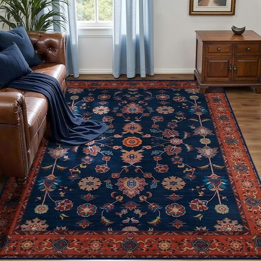 Tangsoo Floral Area Rug 3x5 Machine Washable Red Blue Rug Non-Slip Vintage Distressed Boho Print, Low Pile Carpet for Living Room, Bedroom, Dining Room, Pet & Child Friendly (Red Blue)