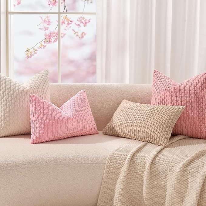 Kevin Textile Valentines Day Decorative Pillow Covers Set of 2 Striped Plush Corduroy Pillows Pillowcases Boho Home Decor Cushion Covers for Couch Sofa Bed Living Room 16x16 Inch, Pink