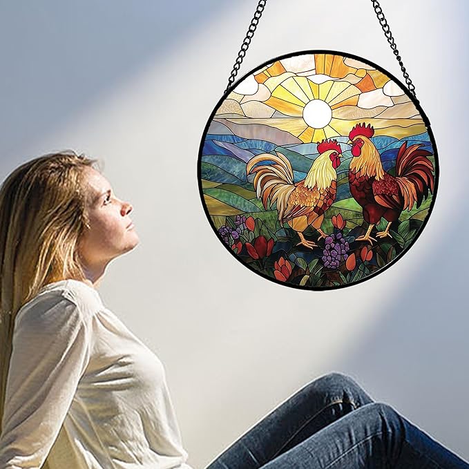 Stained Glass Window Hanging, Countryside Scenery Chicken Sun Catcher for Door Home Decor Sunrise Suncatcher Christmas Mother's Day Birthday Gifts for Women Men Mom Nana 11.8 in