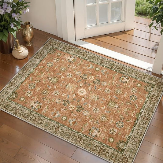 Tangsoo Floral Small Rug 2x3 Washable Rug for Entryways Vintage Non-Slip Area Rugs Terracotta Entry Rugs Distressed Floor Carpet Soft Low Pile Door Mat for Entrance Bedroom Kitchen Foyer Decor