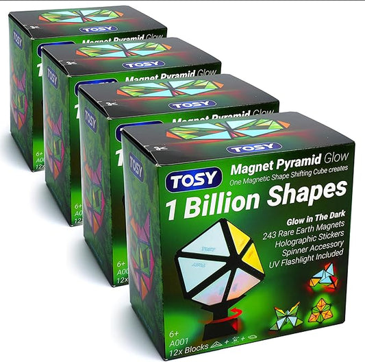 TOSY Magnet Pyramid Glow - 1 Cube Transforms into 1 Billion Shapes, 12 Pieces, 243 Rare Earth Magnets, Glowing, Christmas Stocking Stuffers Gift for Kids, Creative Puzzle STEM/STEAM Toy, 4-Pack