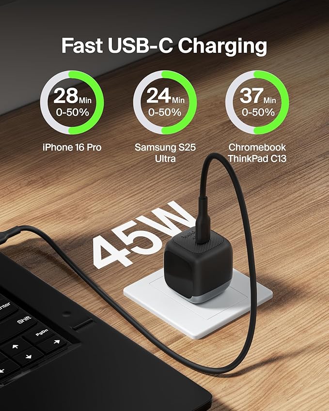 Belkin USB C Charger Block 45W (2 Pack) - USB C Cable Included - PD3.1 PPS Fast Charging - Samsung Galaxy S25, S24, Apple iPhone 17, Air, Pro, Pro Max, Google Pixel 10, Nintendo Switch, etc - Black