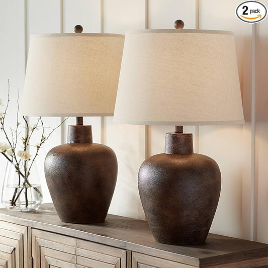 Regency Hill Glenn Farmhouse Rustic Southwestern Natural Cottage Table Lamps 27" Tall Set of 2 Dark Terra Cotta Tapered Fabric Drum Shade Decor for Living Room Bedroom House Bedside Nightstand