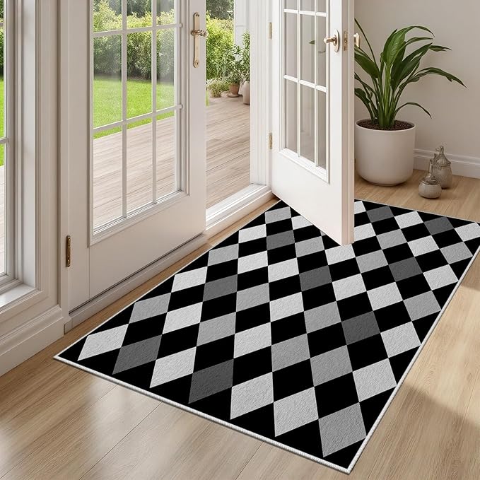 Black and White Rug 6x8, Rhombus Geometric Soft Ultra Soft Faux Wool Low Pile Rug, Indoor Floor Mats Carpet, Non-Slip Stain Resistant Washable Rugs, Modern Abstract Checkered Rugs for Living Room