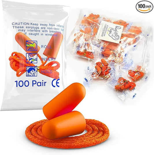 Foam Corded Ear Plugs 100 Pair - 32dB Noise Cancelling Shooting Hearing Protection for Noise Reduction Construction Work Safety Mowing Industrial - Disposable Ear Plugs with Cord Bulk