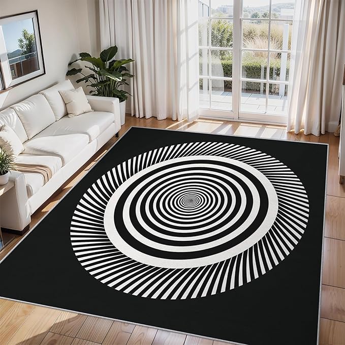 Black and White Circle Rugs for Home Decor, 7x9 ft, Abstract Op Art Area Rugs for Living Room, Soft Non Slip Washable Modern Geometric Carpet Bedroom Decorations Dt-Ghf-31