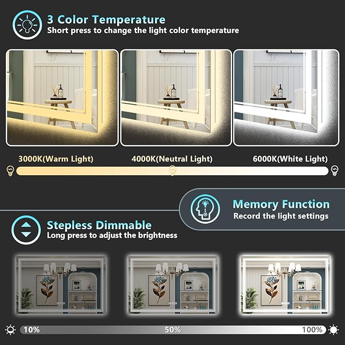55x36 LED Bathroom Mirror with Lights, Backlit and Front Lit, Anti-Fog Lighted Vanity Mirrors for Bathroom Wall, Dimmable, 3-Color Light, Memory, Shatter-Proof, HD Tempered Glass, CRI＞90