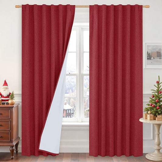 LAMIT Red 100% Blackout Linen Curtains, 84 Inch Linen Textured Living Room Christmas Decor Curtains Room Darkening Back Tab and Rod Pocket Neutral Panels with White Liner, 2 Panels, 52 x 84 Inch