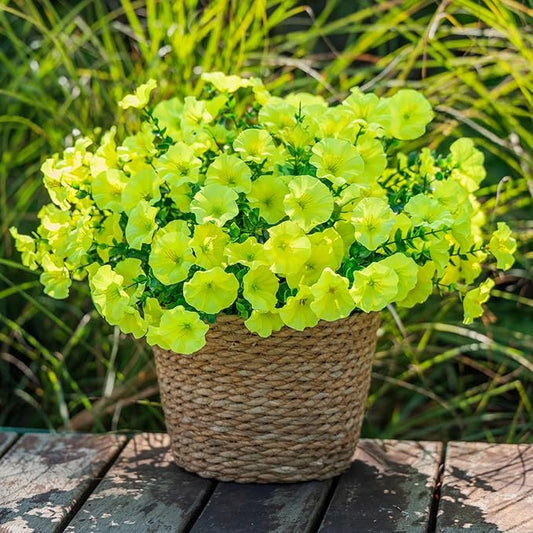 Yellow Artificial Morning Glory Fall Faux Flowers for Outdoor Decoration, 12 Bundles Realistic Silk Flowers with Eucalyptus for Autumn Home Decor Patio Porch Garden Planter Window Box Yard