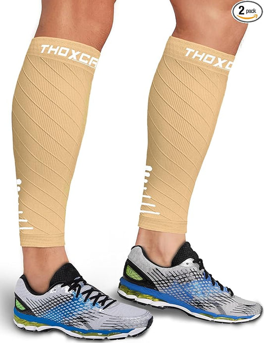 Thoxcare Calf Compression Sleeve for Men Women (2 Pairs), Leg Support Footless Compression Socks for Running - Shin Splint Varicose Veins Swelling & Pain Relief, Beige/White, Medium
