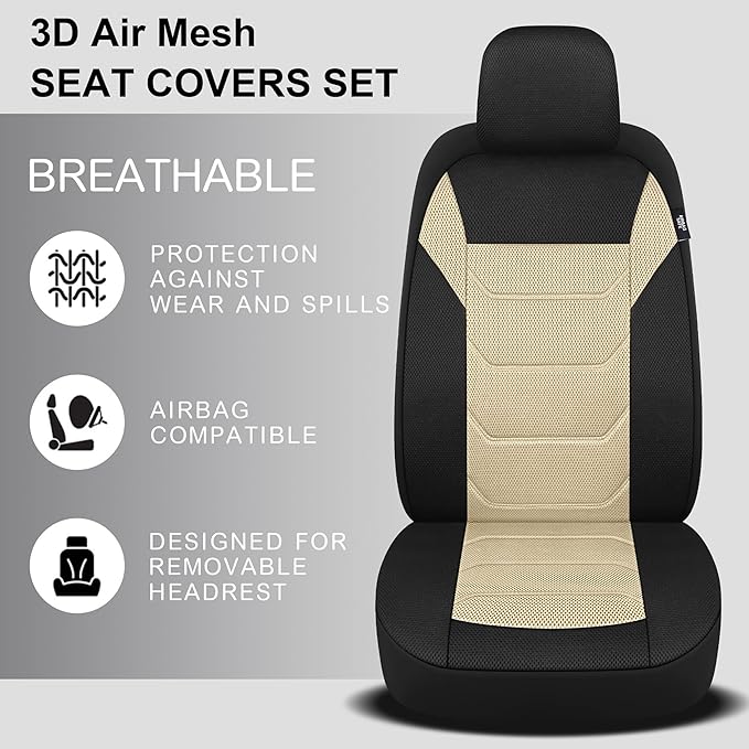 Pariiaotin 3D Air Mesh Car Seat Cover Front Sets Washable and Breathable Premium Cloth Automotive Vehicle Seat Covers for Cars Interior, Universal Fit for Most Cars, Sedan, Truck, SUV(Black/Beige)