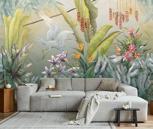 Hand-Painted Colorful Leaves Wall Mural, White Cranes Playful Leaves Wallpaper, Wall Decorations（Non-self-Adhesive）