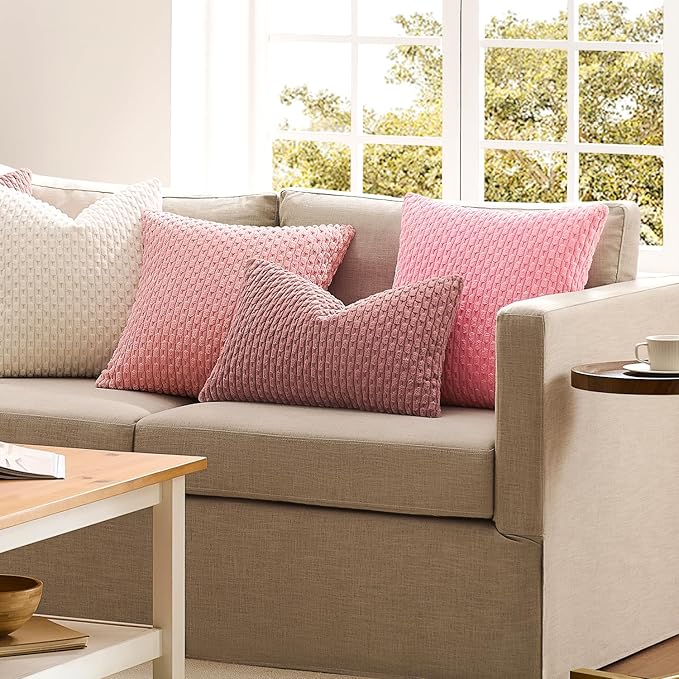 Kevin Textile Valentines Day Decorative Pillow Covers Set of 2 Striped Plush Corduroy Pillows Pillowcases Boho Home Decor Cushion Covers for Couch Sofa Bed Living Room 16x16 Inch, Pink