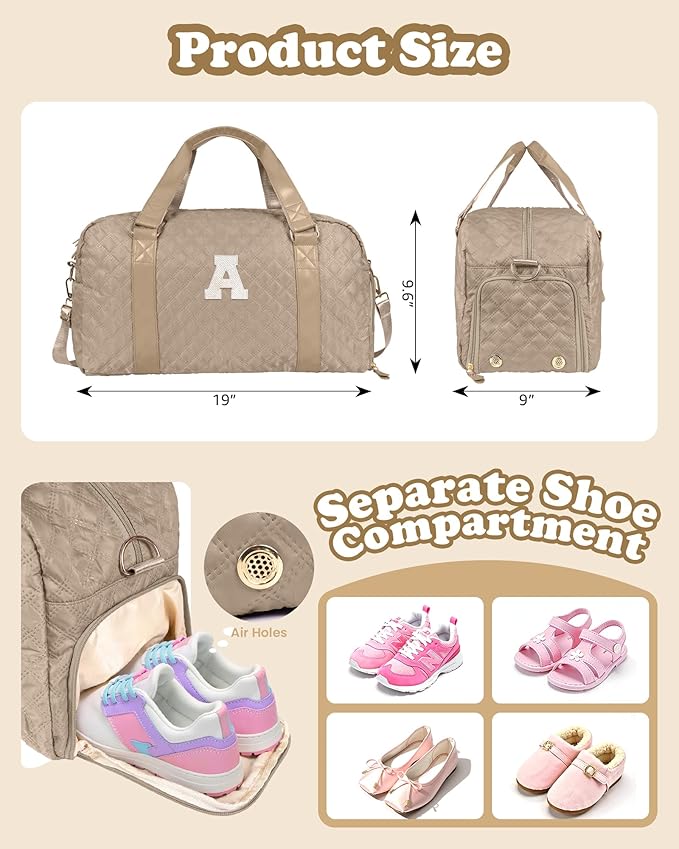 Elilier Monogram Duffle Bag Women Girls Gift: Initial Overnight bags, Dance Cheer bag Sports for Girl, Kid Gymnastics Bags, Birthday Gifts for Women Girls Kids Teens Mom Teacher