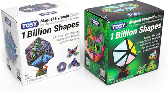 TOSY Magnet Pyramid - 1 Cube Transforms into 1 Billion Shapes, 12 Pieces, 243 Rare Earth Magnets, Glowing, Christmas Stocking Stuffers Gift for Kids, Creative Puzzle STEM Toy, Mixed Set