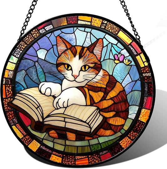 Stained Glass Window Hanging Little Cat Reading Large 11.8" - Suncatcher Door Garden Kitchen Sunroom Sun Catcher Home Decor Birthday for Lost Pets Mom Grandma Men Woman Friend