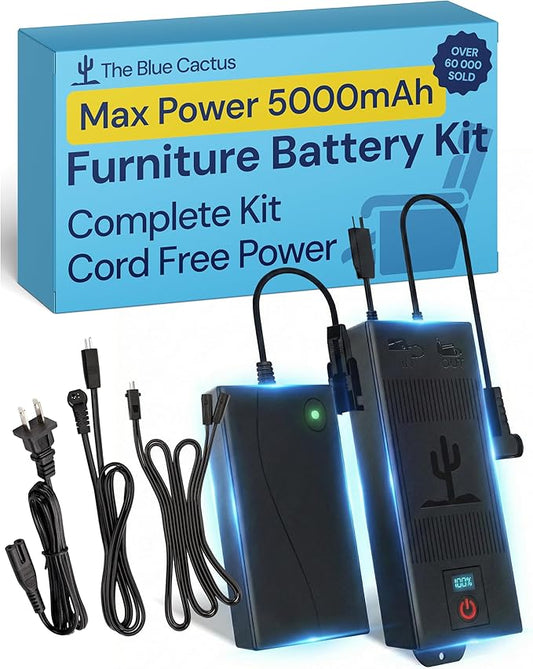 The Blue Cactus Max Power 5000mAh Kit - Battery, Power Transformer, Cords - 2-Pin Connector - Wireless with LED & Low Charge Alert - Couch Battery Pack for Reclining Chairs, Sofas & Loveseats