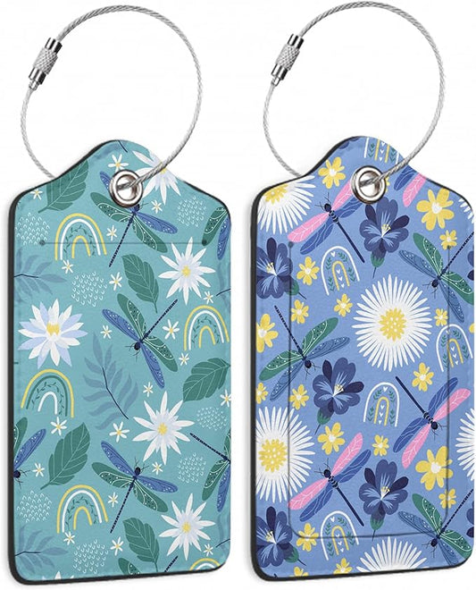 Dragonflies Luggage Tags for Suitcases,2 Pack Rainbows and Flowers Luggage Tag,Leather Stainless Steel Loop Label Tag for Women Men Girls Travel Bag Suitcase