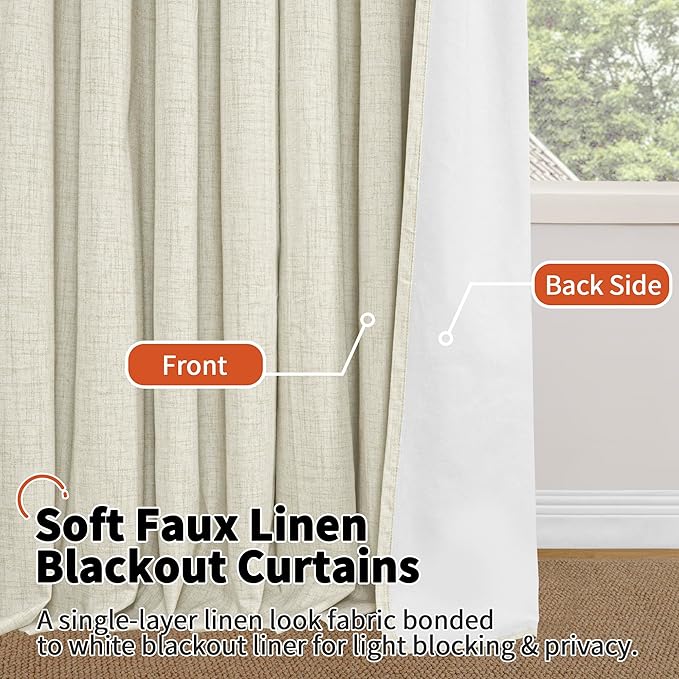 Lajode 100% Blackout Curtains for Living Room 90 Inches Long 2 Panels, Faux Linen Textured Linen Floor Length Thermal Insulated Bronze Grommet Boho Window Energy Save Drapes, Each 52" Wide, Natural