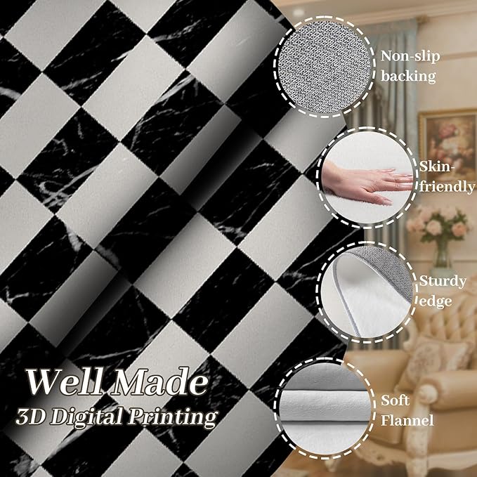Grey Black Checkered Kitchen Hallway Carpet, 1.3x7ft, Abstract Black Marble Indoor Decor Washable Rugs, Durable Soft Cozy Non Slip Rug, Breathable Non Shedding Mats for Front Porch