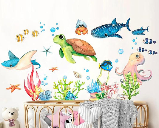Ocean Playground Wall Decal - Cartoon Underwater Fun with Turtle, Whale, and Octopus, Removable Reusable Peel-and-Stick Fabric Stickers for Kids' Room Décor