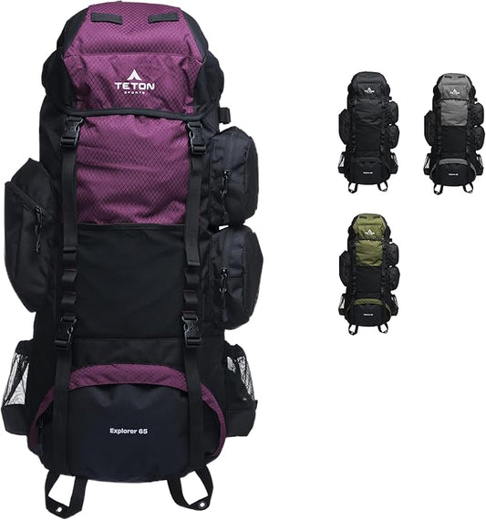 Teton 65L Explorer Internal Frame Backpack for Hiking, Camping, Backpacking, Rain Cover Included, Huckleberry