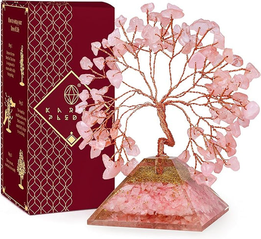 KARMAPLEDGE Rose Quartz Crystal Tree Good Luck Birthday Gifts for Womens, Mom, Home and Office Desk Decor, Pyramid Base Reiki Healing Stones & Chakra Tree of Life for Positive Energy, Money, Sucess
