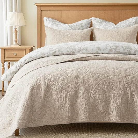 EVERGRACE 100% Cotton Paisley Quilt Set, King Size 3 Piece Set – Prewashed Lightweight Bedspread with 2 Shams, Soft & Breathable Matelasse Coverlet for All-Season Comfort, Flax Beige