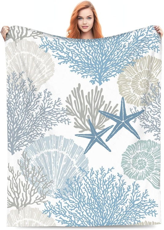 Nautical Coastal Blanket Starfish Seashell Coral Beach Themed Throw Blankets Gifts for Adults Sea Ocean Theme Lightweight Soft Fleece Cozy for Sofa Couch Bed Room Birthday Decor 60x80in