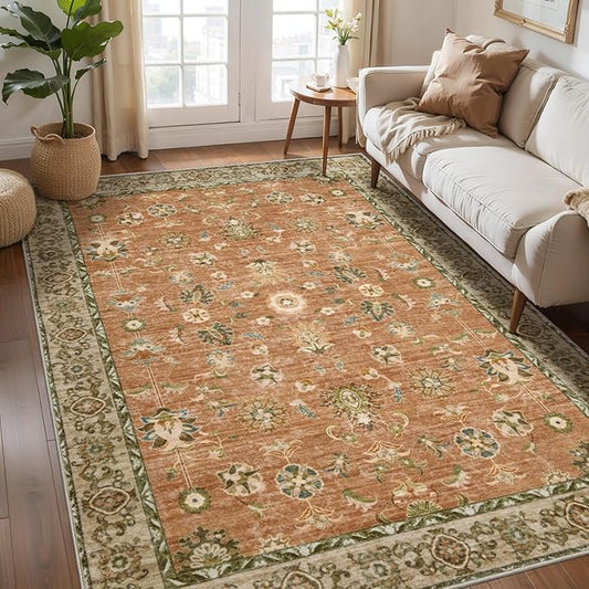 Tangsoo 3x5 Floral Area Rug Washable Non-Slip Low Pile Vintage Boho Distressed Carpet for Bedroom, Entryway, Kitchen, Office, Foyer Decor - Pet & Child Friendly (Terracotta)