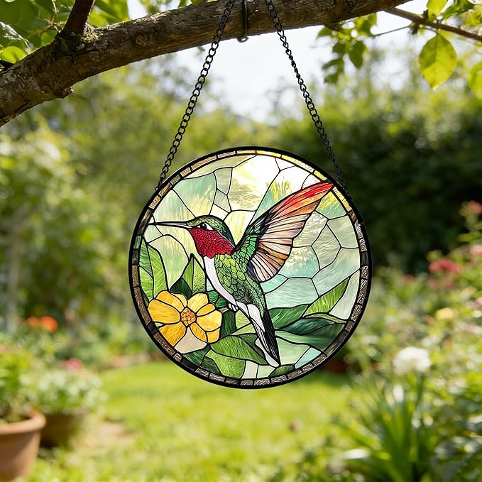 Stained Glass Window Hanging, Green Hummingbird Sun Catcher for Door Home Decor, Birds Suncatcher Christmas Mother's Day Birthday Gifts for Bird Lovers Women Men Mom and Nana 9.8 in