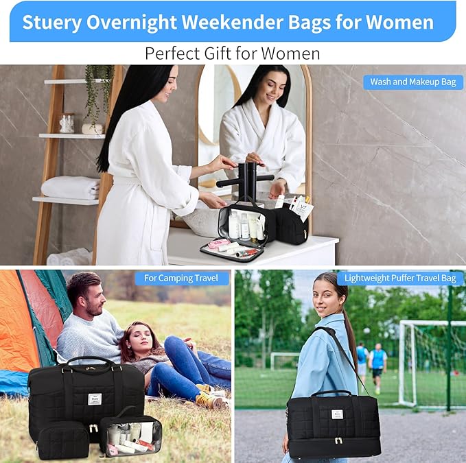 Weekender Bag, Large Travel Duffel Bag for Women, Carry on Overnight Bag with Shoe Compartment and Toiletry Bags