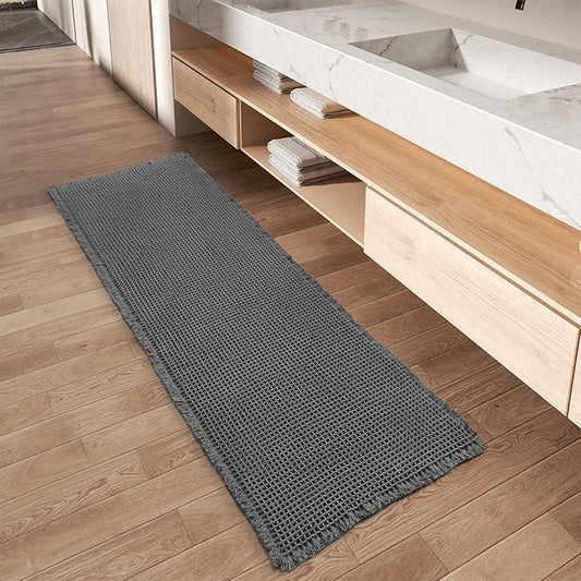 Upgraded Waffle Runner Rug Super Absorbent Non Slip Bath Mats for Bathroom Machine Washable Bathroom Runner Rug with Tassels, Ideal for Hallway Bedroom Laundry Room, Dark Grey, 2' x 5'(24" x 60")