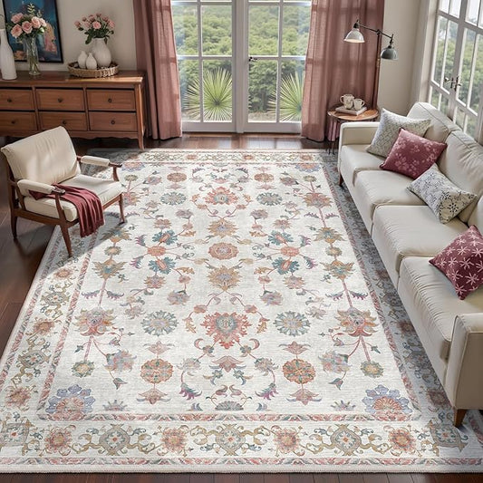 Tangsoo Floral Area Rug 6x9 Machine Washable Non-Slip Rug Vintage Distressed Boho Print, Soft Low Pile Carpet for Living Room, Bedroom, Dining Room, Pet & Child Friendly (Home Decor)