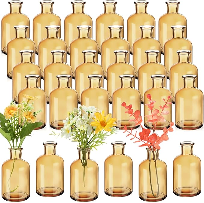 Lallisa 15 Pcs 4 Inches Small Glass Bud Vases Bulk Mini Flower Vases for Centerpieces Decorative Glass Bottles Vintage Rustic Decoration for Wedding Dining Table Home Decor (Amber)